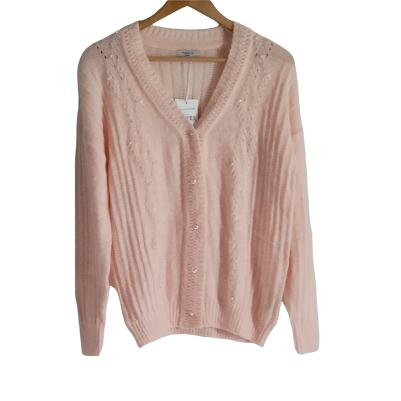 FRNCH Paris V-Neck Pointelle Women's Cardigan Sweater Pink Size Small NWT - Picture 7 of 10